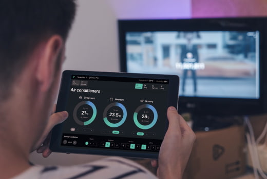 A person tuning smart home devices within a tablet app