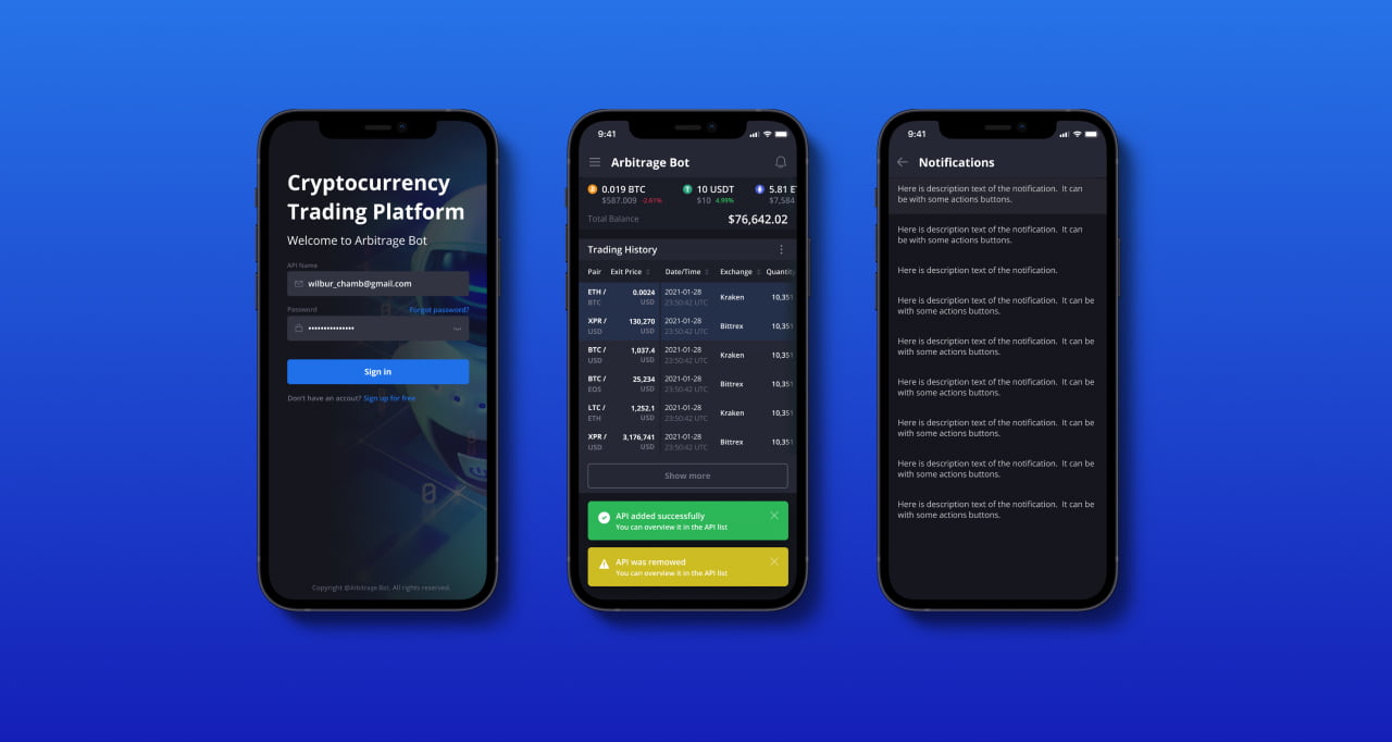 Three mobile phones demonstrating login, notification, and trading history screens of Arbitrage Bot