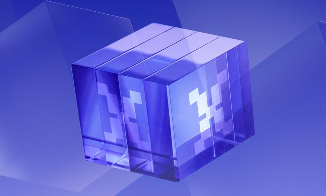 Transparent purple-blue cube with pixelated symbols inside