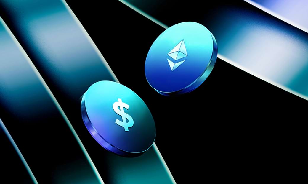 Digital coins and arrows symbolizing crypto transactions