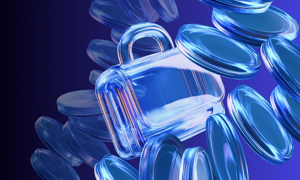 Blue metallic shapes representing secure crypto wallet system