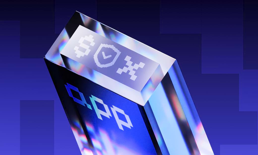 Transparent DApp block with dollar, shield, tools icons