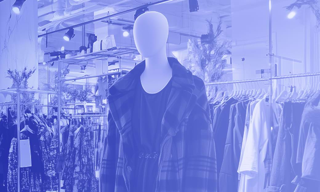 Mannequin in plaid coat inside fashion retail store