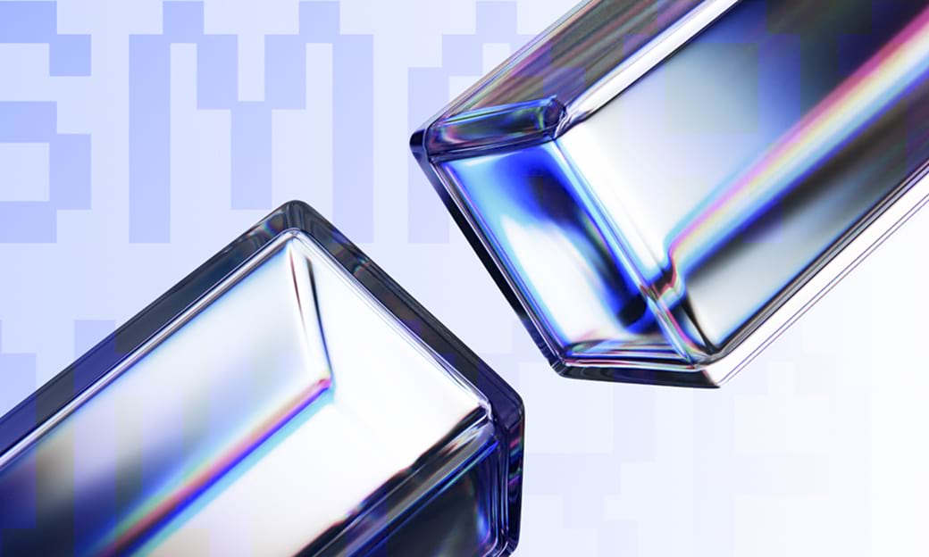 Abstract glass shapes with blue reflections illustrating smart contract development
