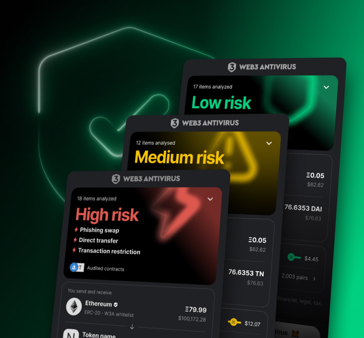 Web3 Antivirus risk reports showing high, medium, and low threat levels on a dark green background