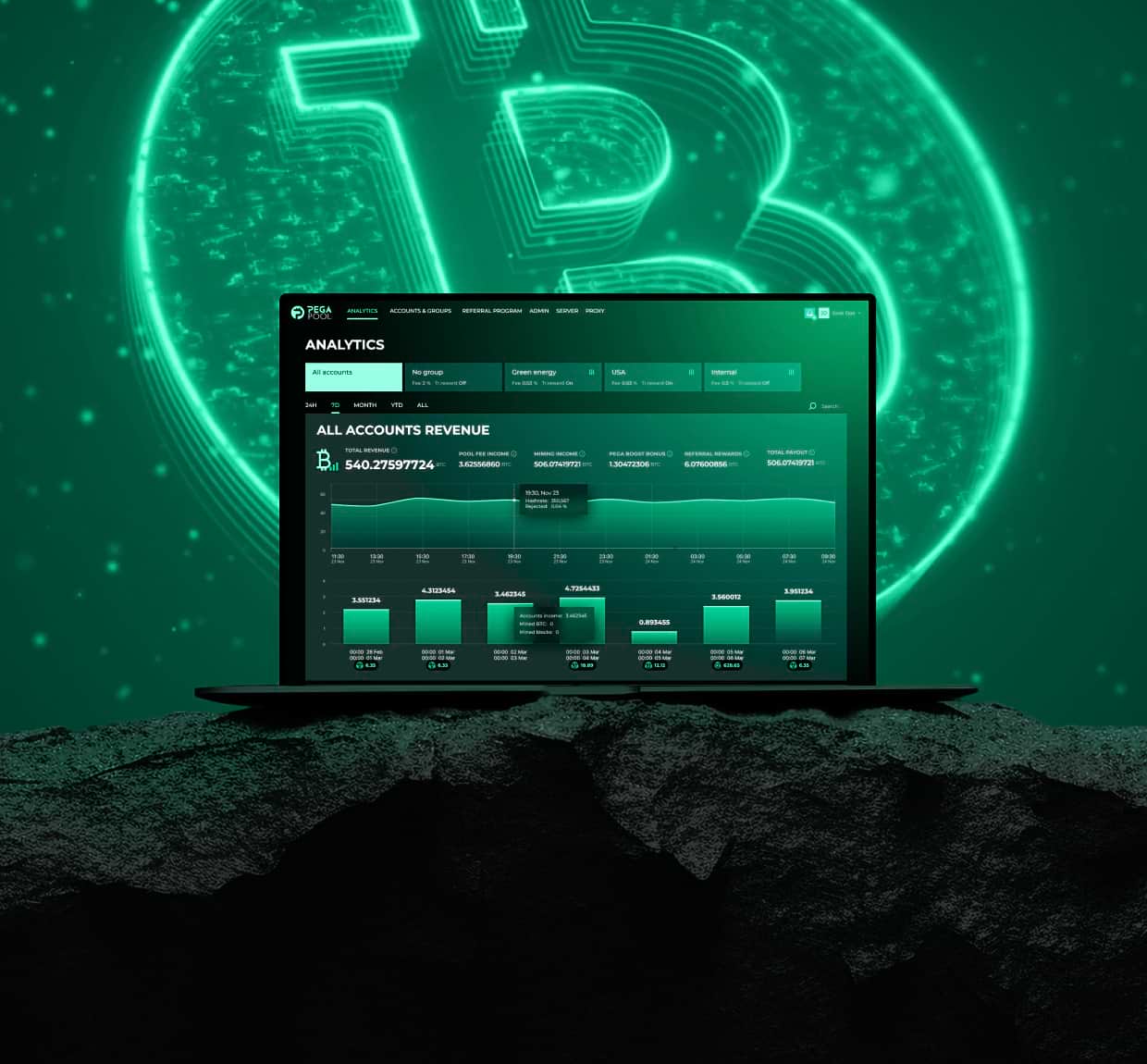 Bitcoin interface on laptop with glowing green background
