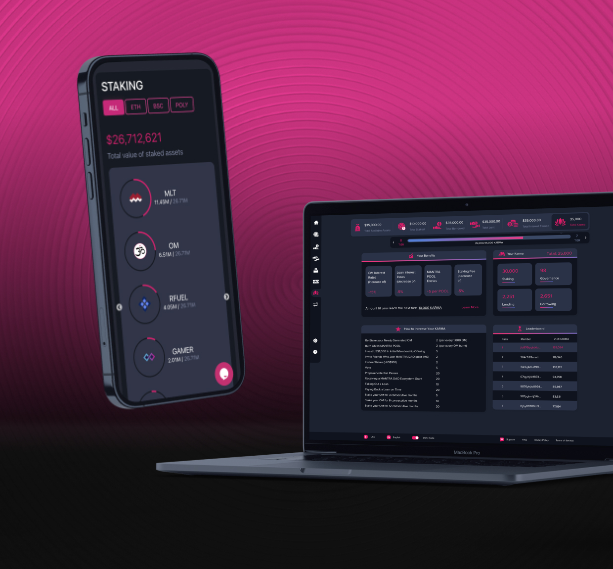Crypto dashboard on laptop and phone, pink background