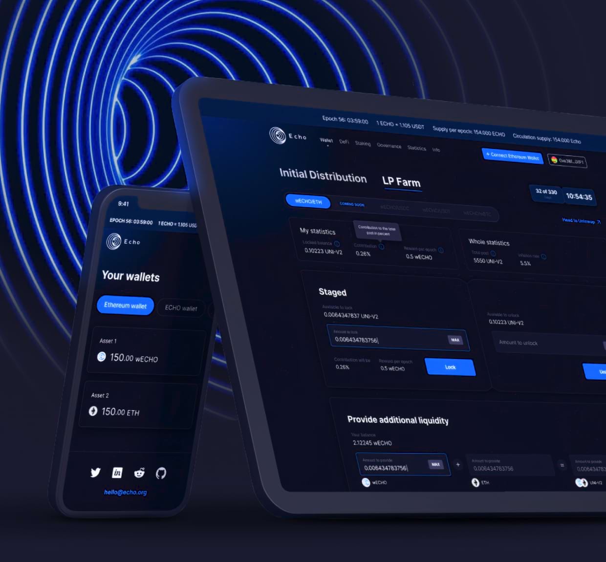 Dark trading interface on tablet and phone screens