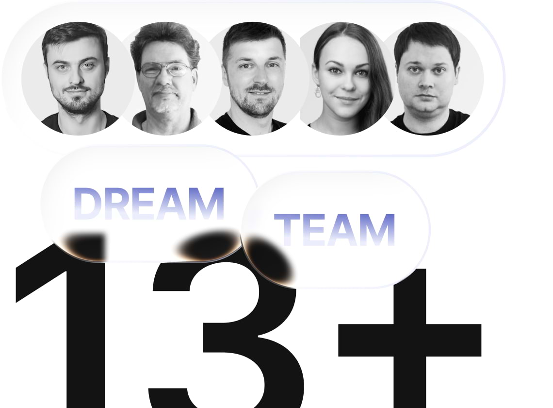 13+ with team headshots symbolizing experience years