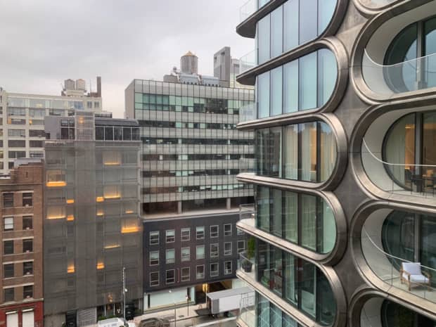 A view of a glass-wall office building