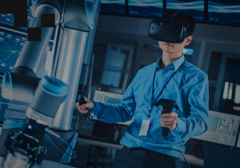 A person wearing a VR headset and controllers