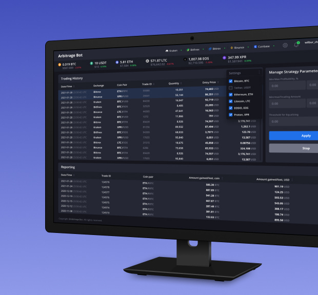 The illustration of Cryptocurrency trading arbitrage bot & platform project