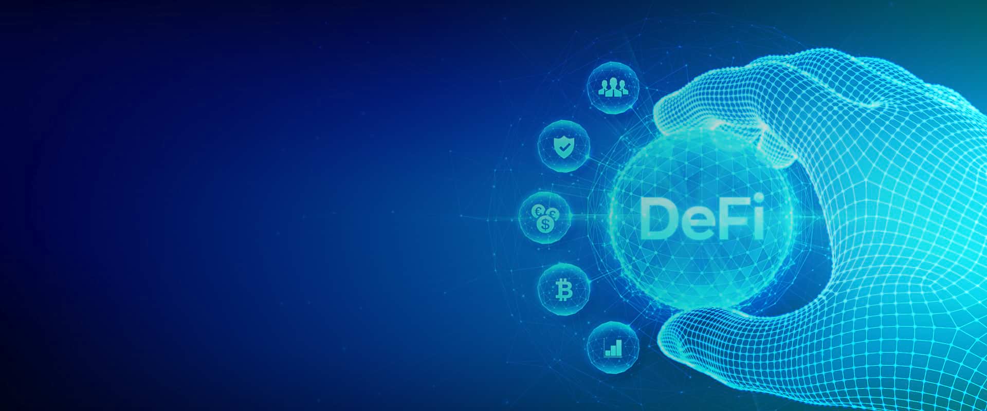 A digital graphic illustrating the concept of decentralized finance as the future of financial systems.