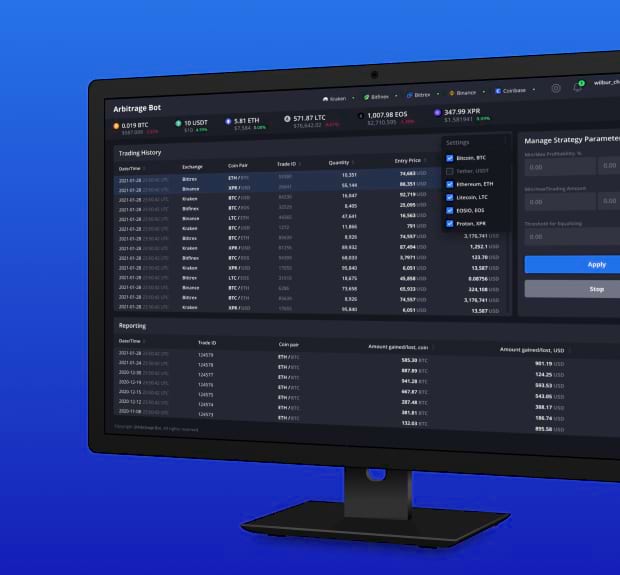 A computer monitor displaying a trading dashboard with various financial charts and data metrics.