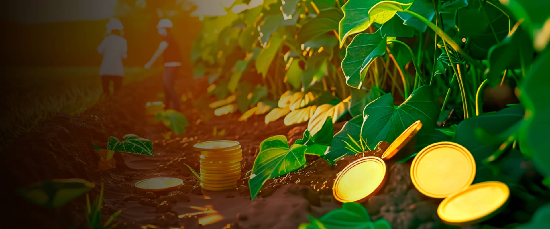 Gold coins partially buried in soil, surrounded by green plants, suggesting a hidden treasure in a natural setting.
