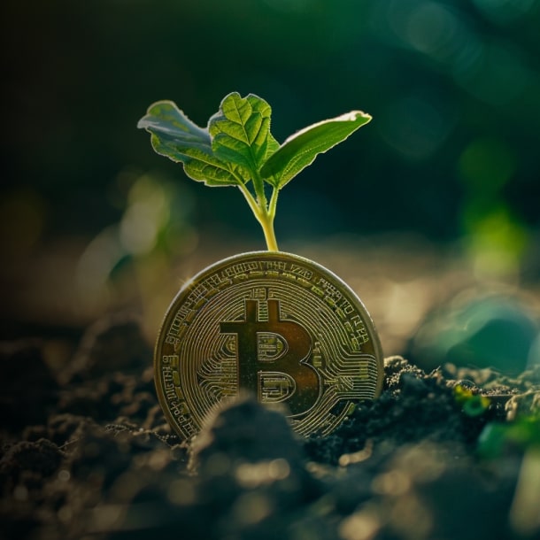 A bitcoin symbol sprouting from the soil, representing growth in cryptocurrency investment.
