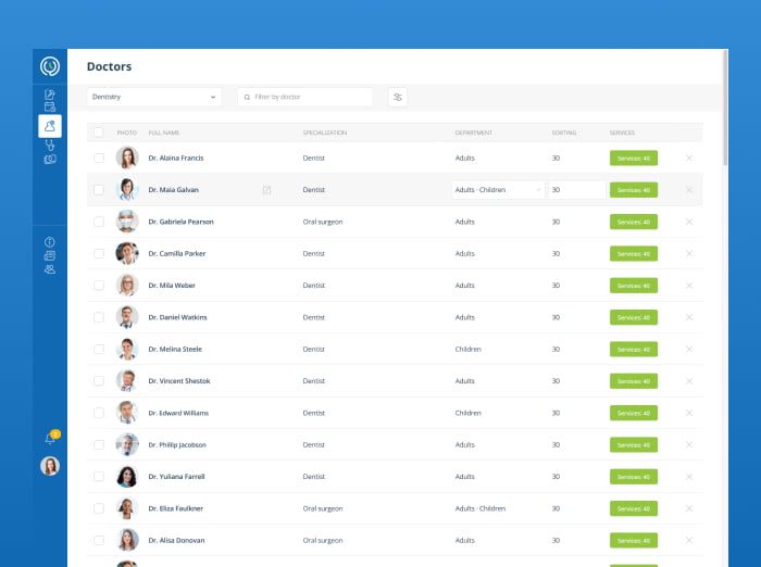 The UI of the page that demonstrates information about doctors