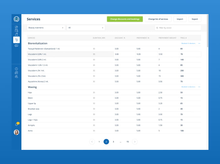 The UI of the page for managing the pricing of the services provided