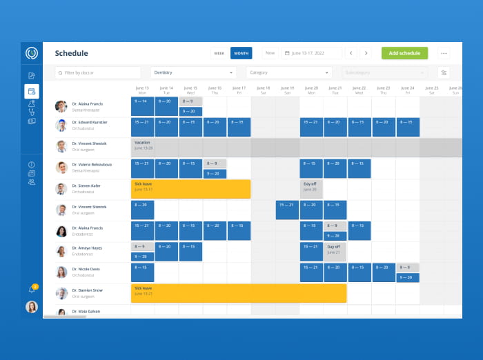 The UI of the doctors' schedule page