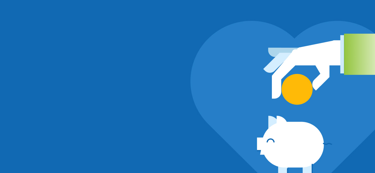 A hand dropping a coin into a money box on a blue background