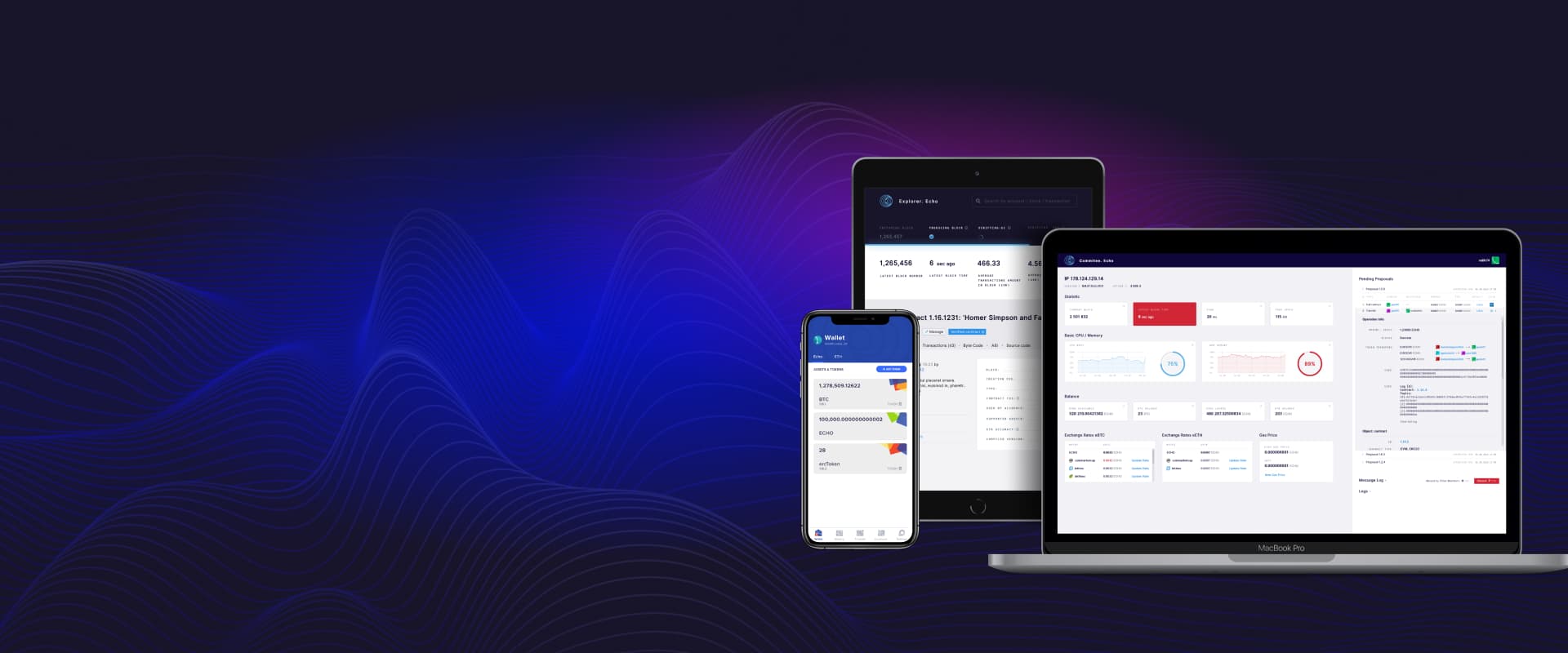 The screenshots of Echo ecosystem UI on a mobile, a laptop, and a tablet