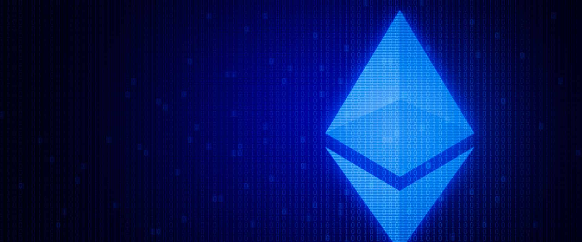 A blue logo of Ethereum on dark background