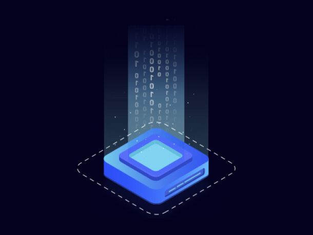 Visualization of a blue EVM that reads binary code