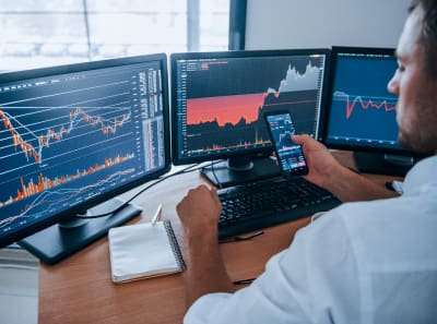 Wealth and portfolio manager monitors charts at the table