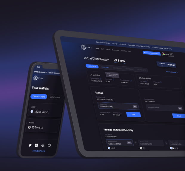 The UI of the Echo DeFi platform on a phone and a tablet