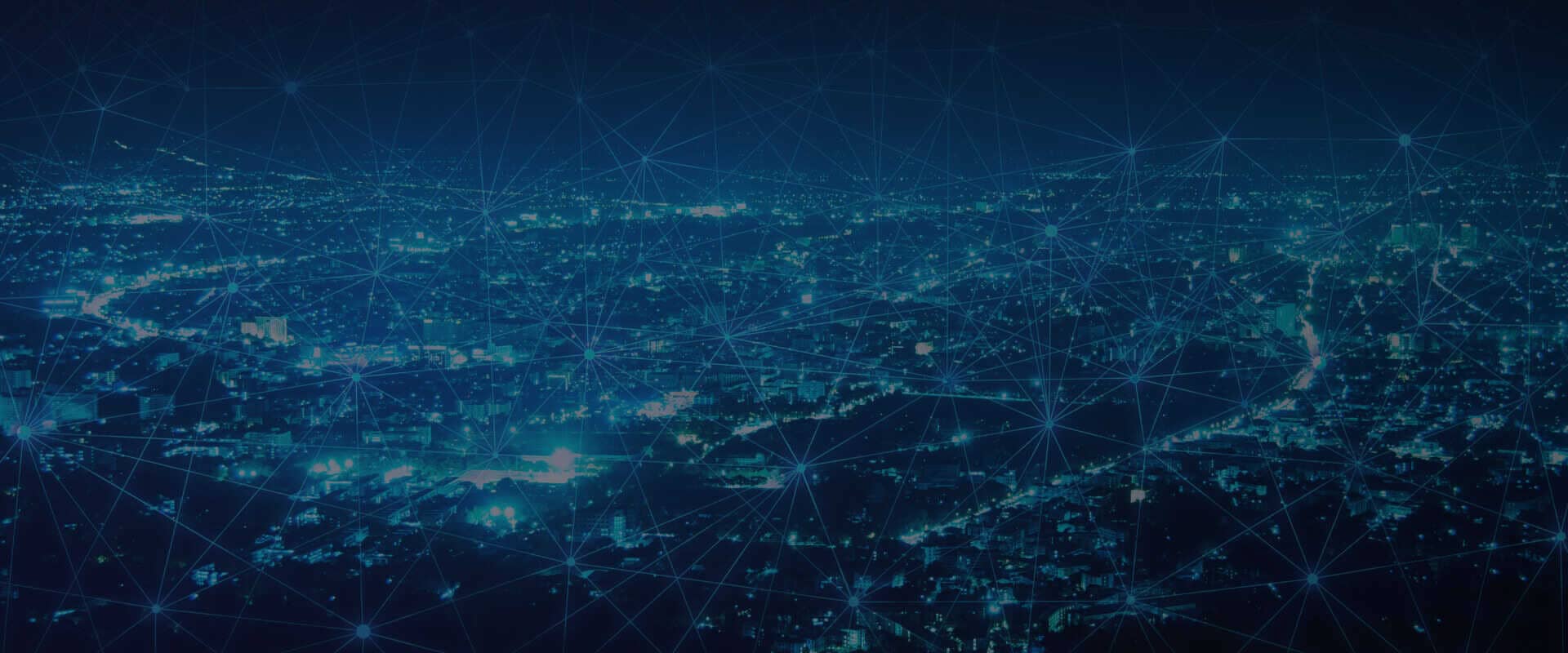 A panoramic view of a city with a web symbolizing IoT