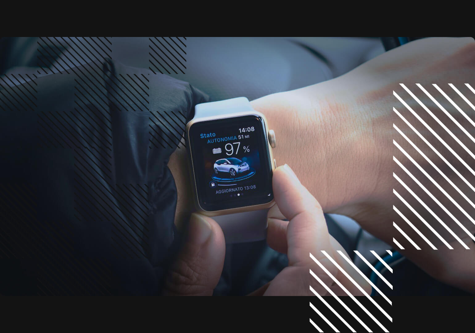 A person wearing a smartwatch use them for car monitoring