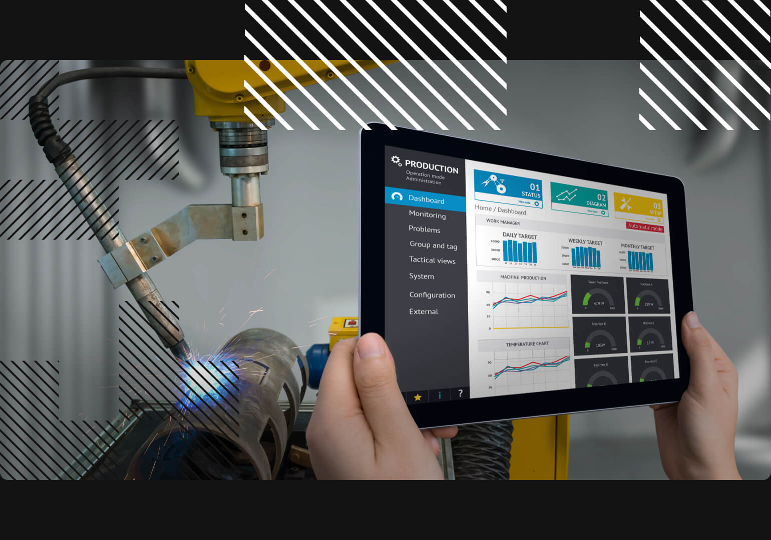 A person controlling a robotic arm via a tablet solution on a smart factory