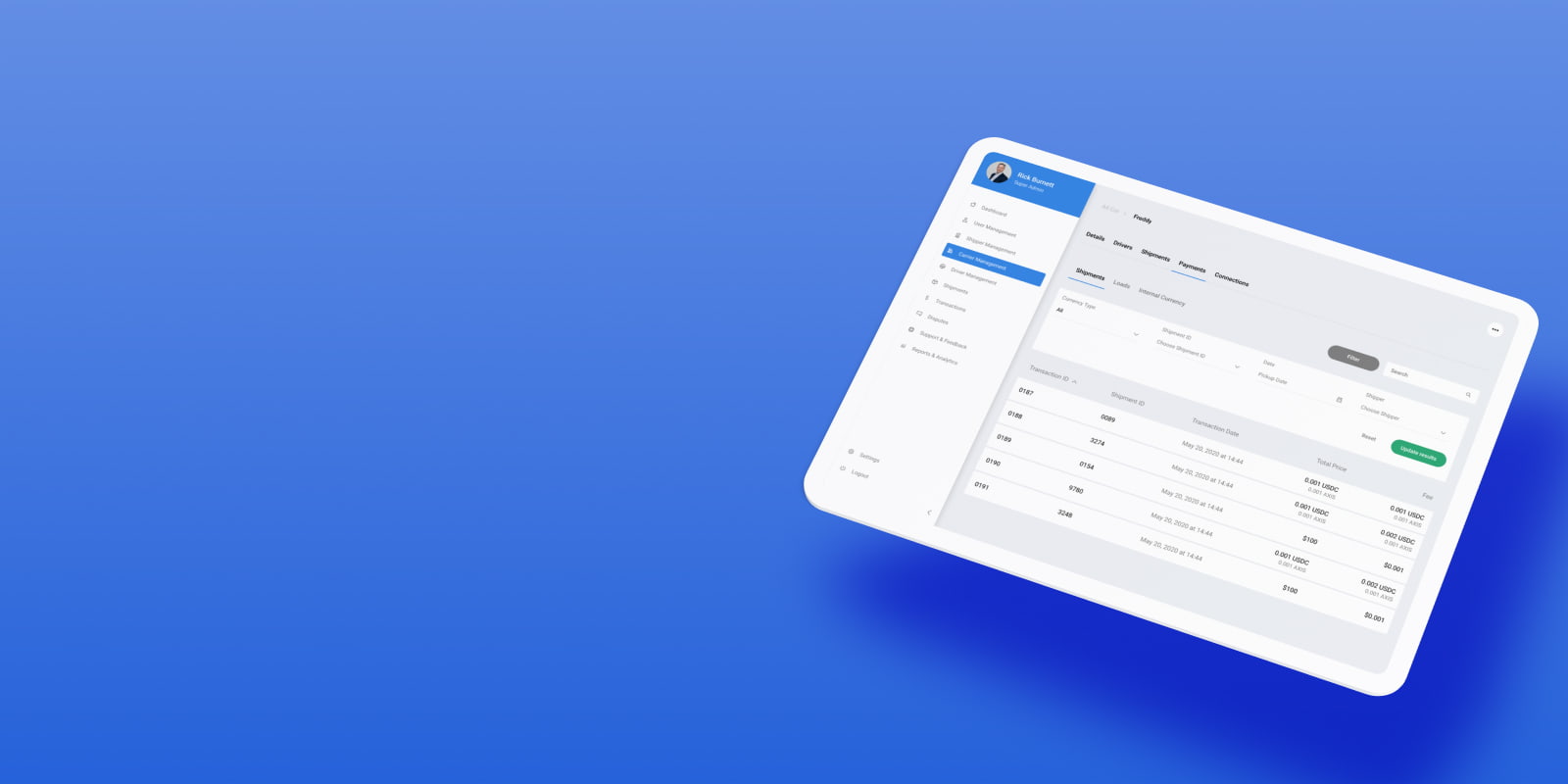 UI of a blockchain application for logistics and transportation