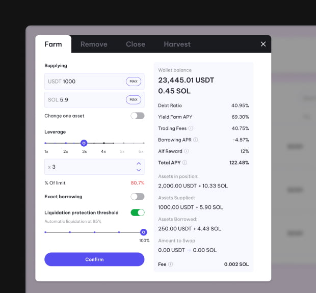 The UI of the farm page of the Alfprotocol project