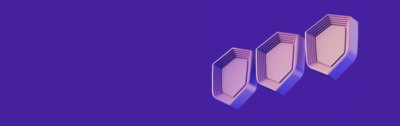 Three pink shields on a purple background