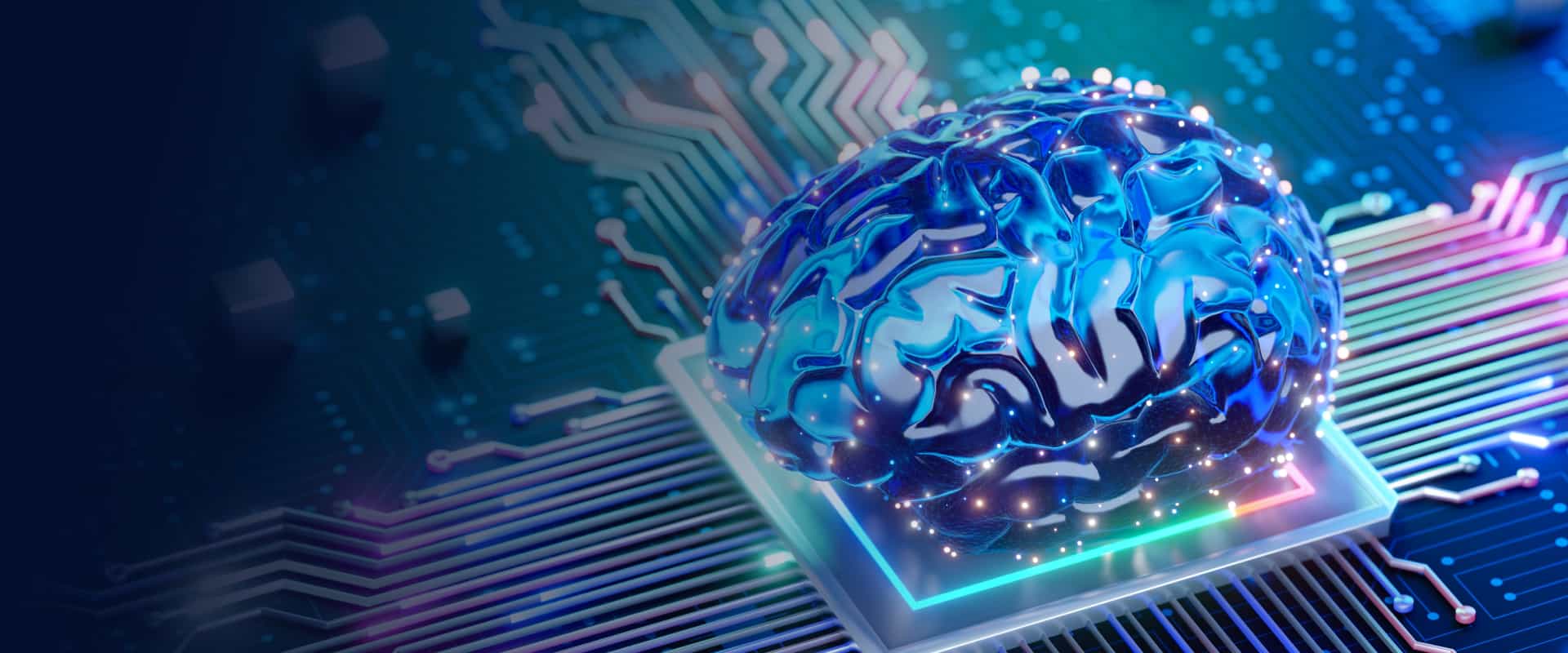 A human brain rests atop a circuit board, symbolizing the intersection of biology and technology.