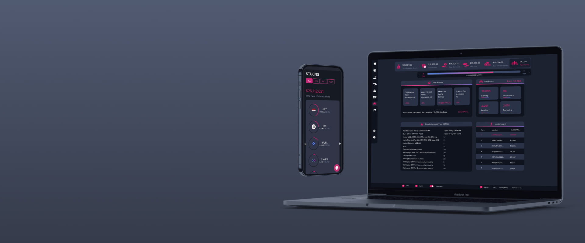 Mobile and desktop interfaces of the Mantra DAO platform