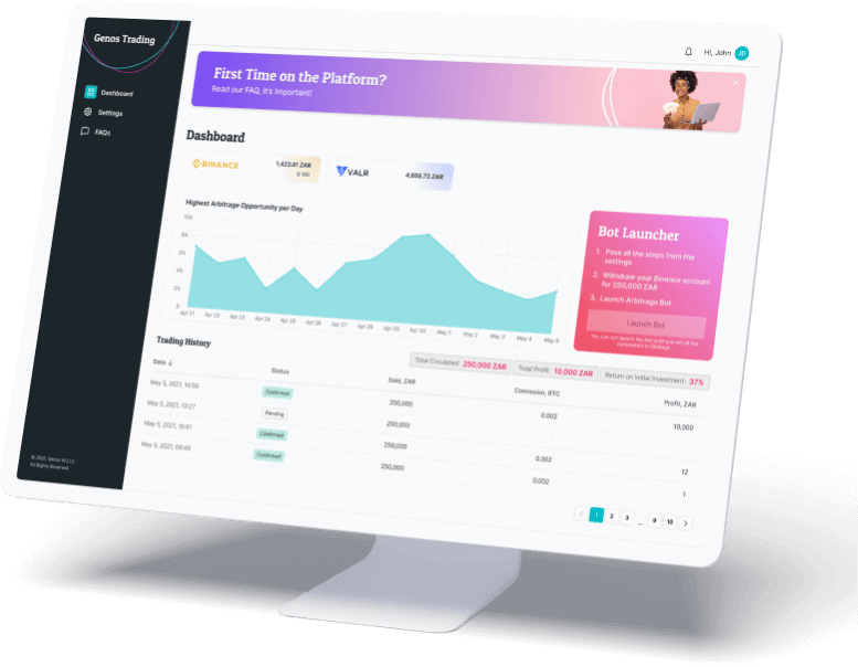 The screenshot of UI of Genos Trading on purple background