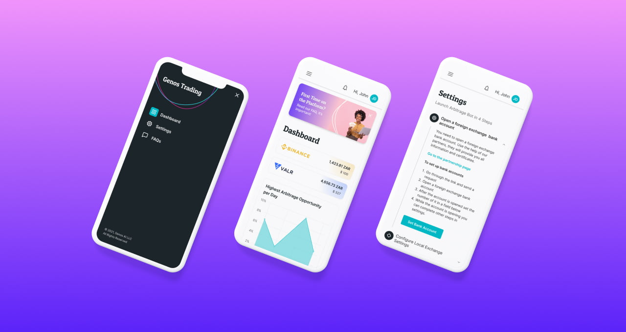The screenshots of UI of Genos Trading on mobile