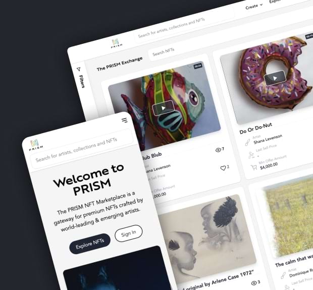 NFT marketplace interface on desktop and mobile