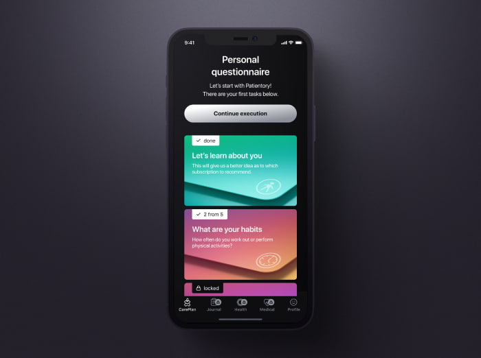 The UI of personal questionnaire page of Patientory mobile app