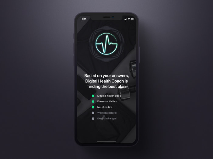 The UI of the best fitness plan searching process page of Patientory mobile app