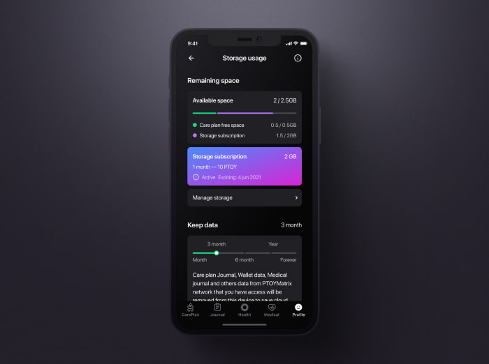 The UI of the storage usage page of Patientory mobile app