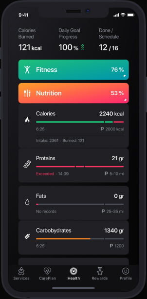 The UI of the health page of Patientory mobile app
