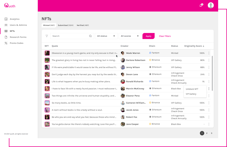 The interface of NFTs page of Quoth platform