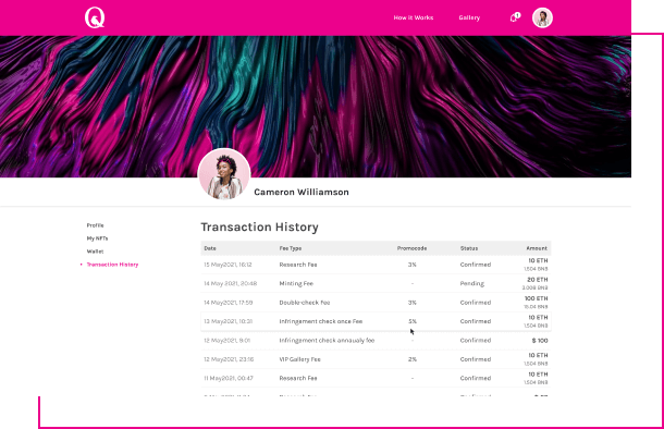 The interface of Transaction History page of Quoth platform