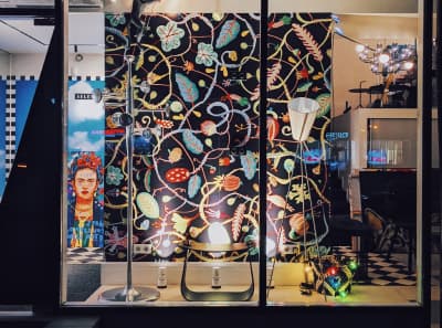 A showroom collage related to interior design and clothes