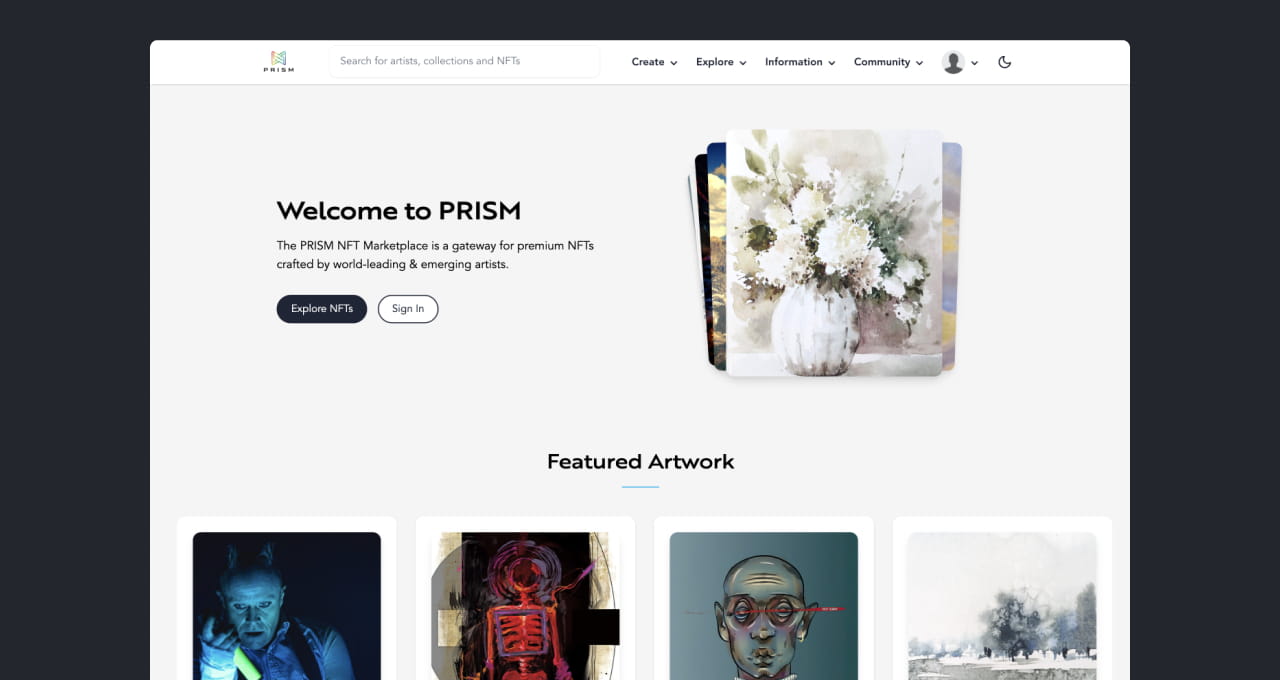 The interface of a homepage of the PRISM NFT Marketplace