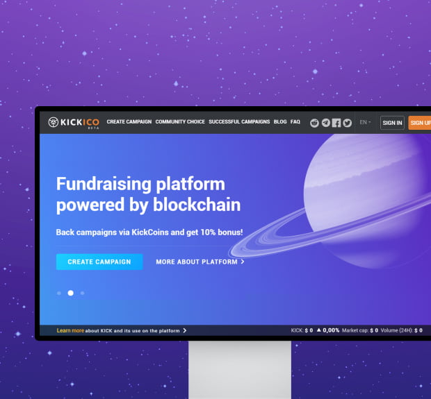 The UI of KickICO, the top ethereum-based online Platform for crowdfunding and ICOs