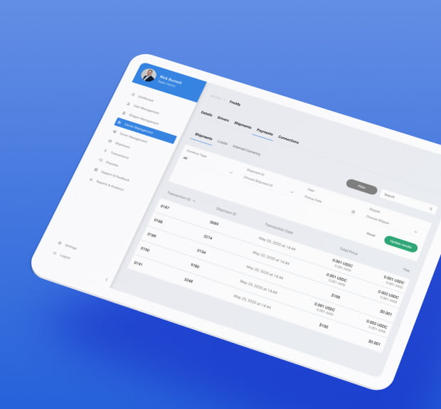 The UI of LaneAxis, the blockchain project in logistics and transportation